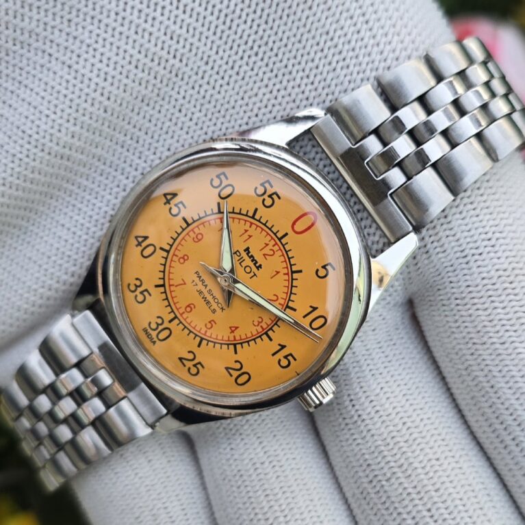 HMT Pilot hand winding Men's steel transparant back 17 Jewels Mod Wrist watch Yellow Dial