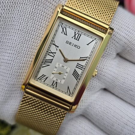 Seiko Tank Quartz Men's gold tone sub-second Roman Silver dial Mod wrist watch
