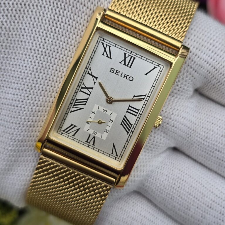 Seiko Tank Quartz Men's gold tone sub-second Roman Silver dial Mod wrist watch