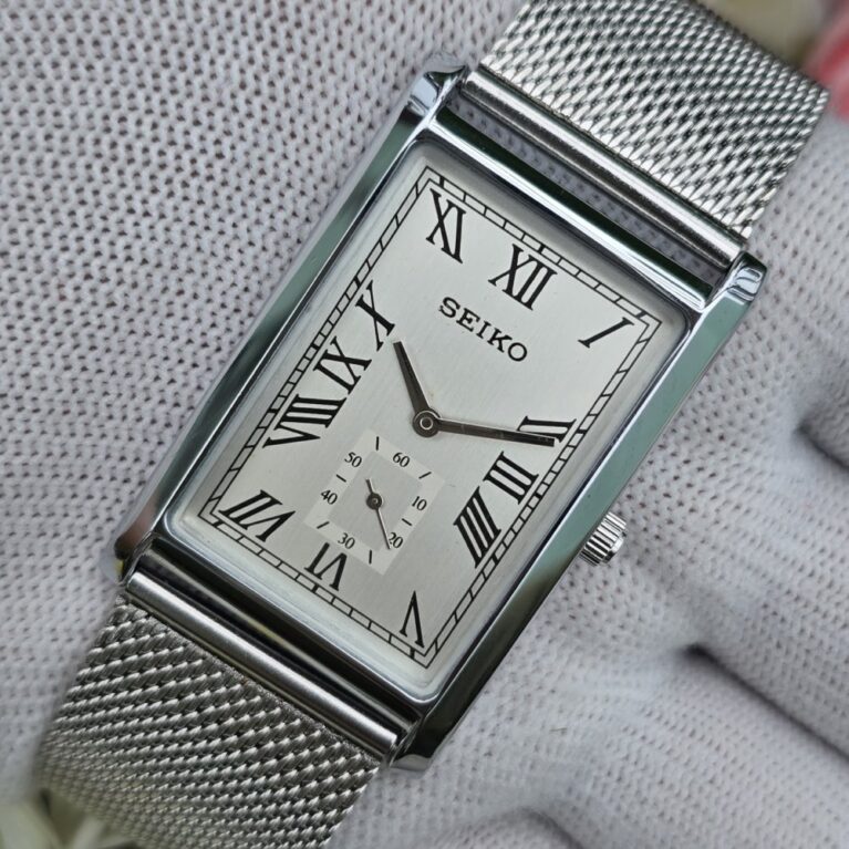 Seiko Tank Quartz Men's silver tone Sub-Second Roman White dial Mod wrist watch