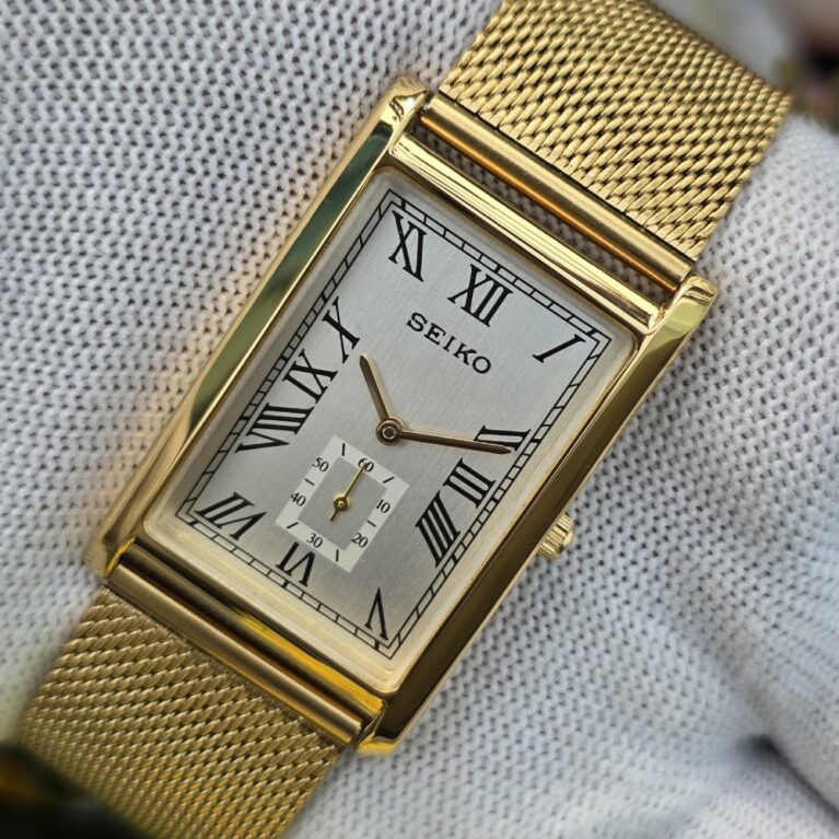 Seiko Tank Quartz Men's Gold tone Sub-Second Roman White dial Mod wrist watch