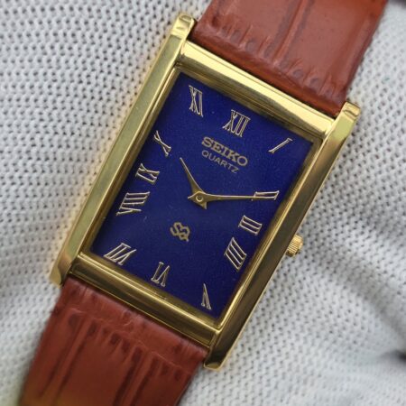 Seiko Tank Quartz Men's Gold tone sub-Second Roman Blue dial Mod wrist watch