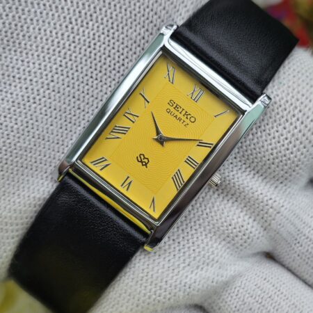 Seiko Tank Quartz Men's Silver tone sub-Second Roman Yellow dial Mod wrist watch
