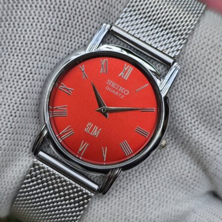 Seiko Quartz Slim Men's Silver tone Red dial Mod wrist watch