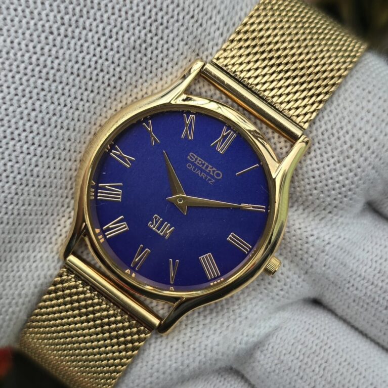Seiko Quartz Slim Men's Gold tone Blue dial Mod wrist watch