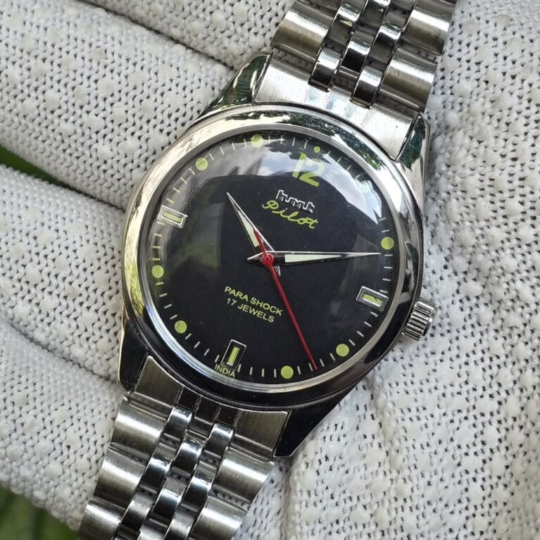 HMT Pilot hand winding Men's steel transparant back 17 Jewels Mod Wrist watch Deep Black Dial