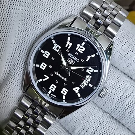 Seiko 5 Automatic Men steel back 17 Jewels vintage japanese Refurbished Mod Wrist watch champagne Black dial