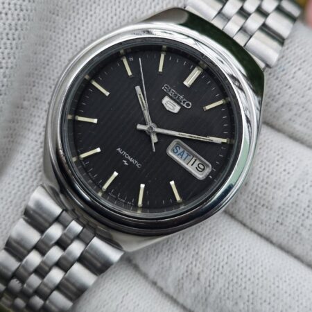 Seiko 5 Automatic Men steel back 17 Jewels vintage japanese Refurbished Mod Wrist watch champagne Black dial skeleton back